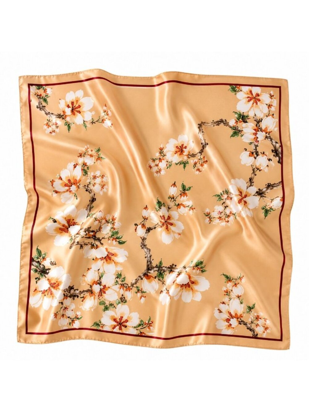 Cream Magnolia Satin Scarf 35x35 Floral Square Hair Head Neck Scarf for Women